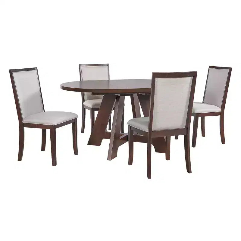 Farmhouse Extendable Round Dining Table Set for 4, Kitchen Table Set with Removable Leaf and 4 Upholstered Dining Chairs