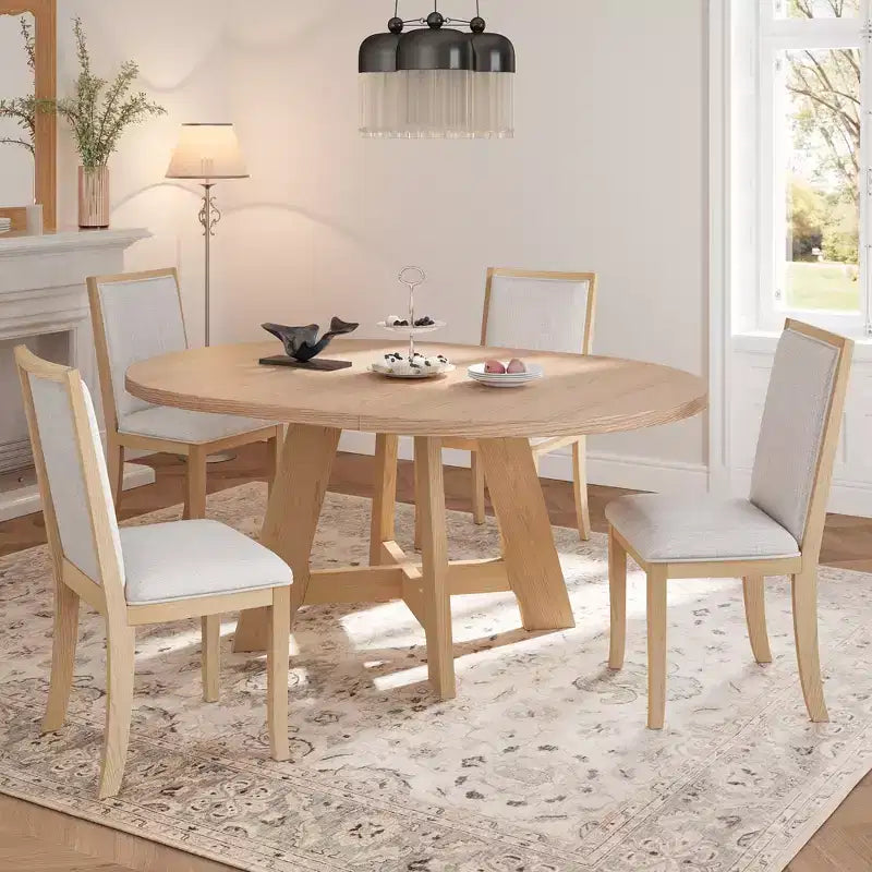 Farmhouse Extendable Round Dining Table Set for 4, Kitchen Table Set with Removable Leaf and 4 Upholstered Dining Chairs