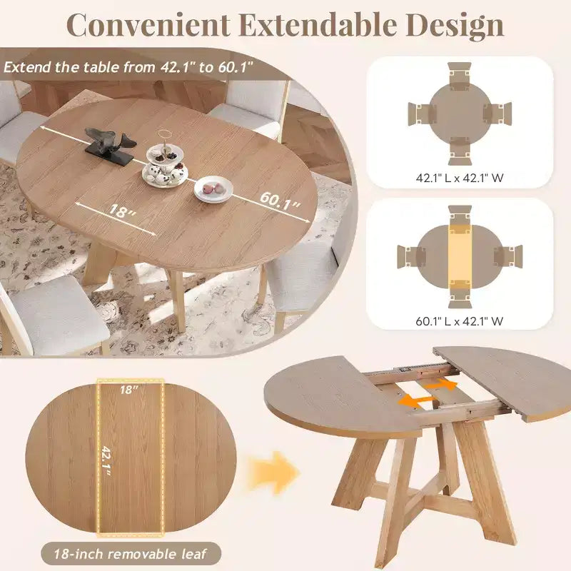 Farmhouse Extendable Round Dining Table Set for 4, Kitchen Table Set with Removable Leaf and 4 Upholstered Dining Chairs