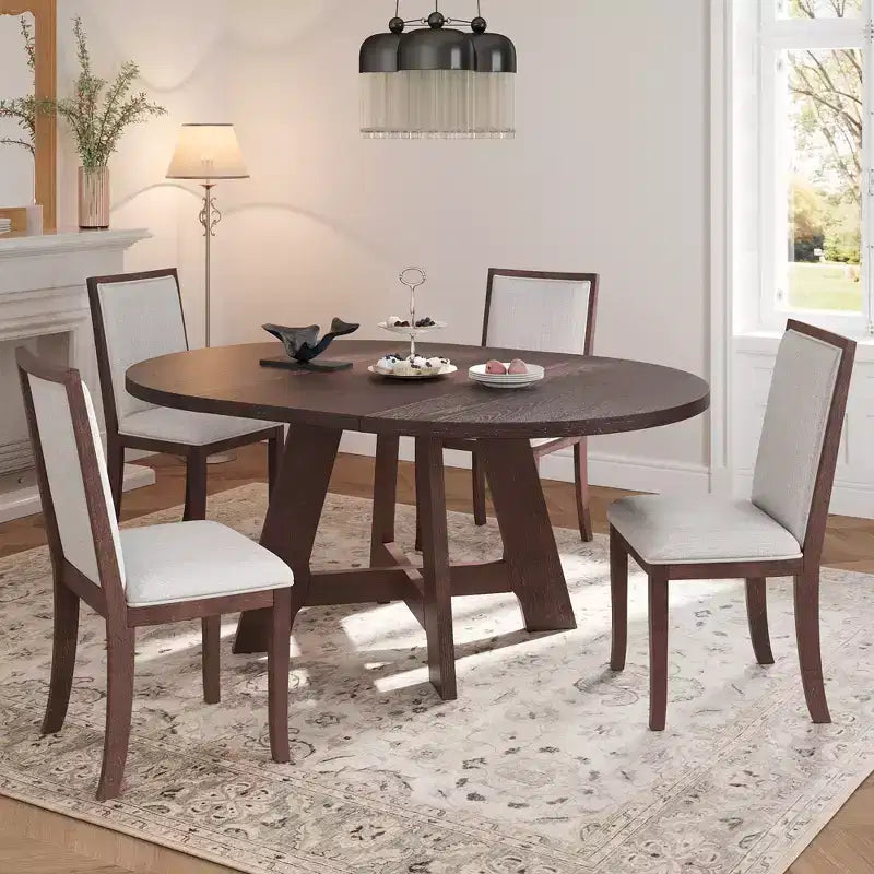Farmhouse Extendable Round Dining Table Set for 4, Kitchen Table Set with Removable Leaf and 4 Upholstered Dining Chairs