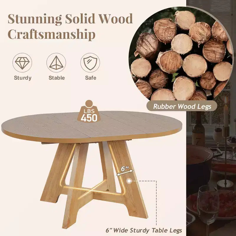 Farmhouse Extendable Round Dining Table Set for 4, Kitchen Table Set with Removable Leaf and 4 Upholstered Dining Chairs