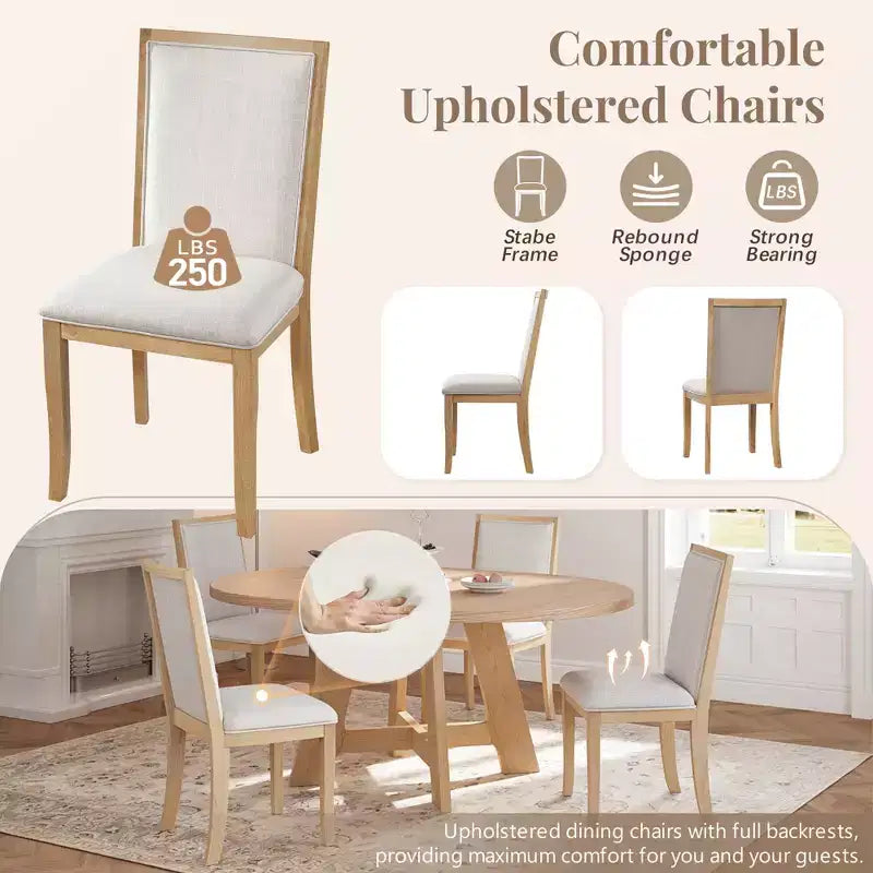 Farmhouse Extendable Round Dining Table Set for 4, Kitchen Table Set with Removable Leaf and 4 Upholstered Dining Chairs