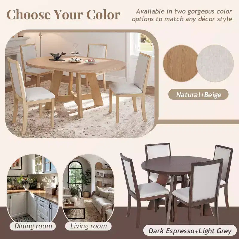 Farmhouse Extendable Round Dining Table Set for 4, Kitchen Table Set with Removable Leaf and 4 Upholstered Dining Chairs