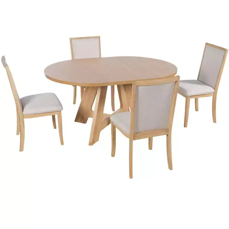 Farmhouse Extendable Round Dining Table Set for 4, Kitchen Table Set with Removable Leaf and 4 Upholstered Dining Chairs