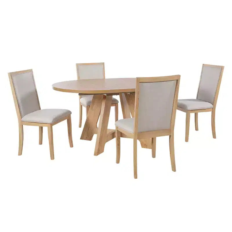 Farmhouse Extendable Round Dining Table Set for 4, Kitchen Table Set with Removable Leaf and 4 Upholstered Dining Chairs