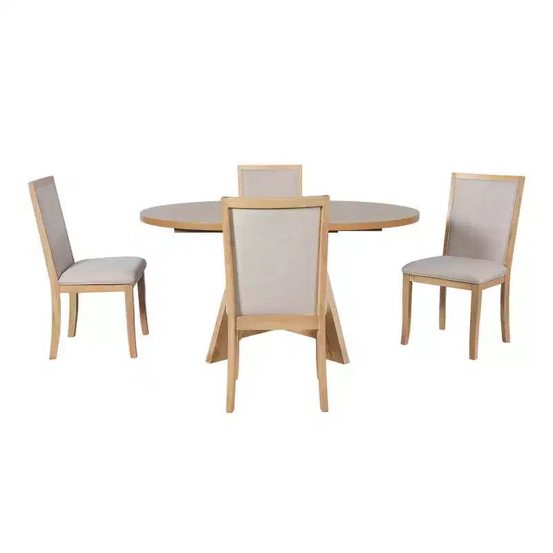 Farmhouse Extendable Round Dining Table Set for 4, Kitchen Table Set with Removable Leaf and 4 Upholstered Dining Chairs