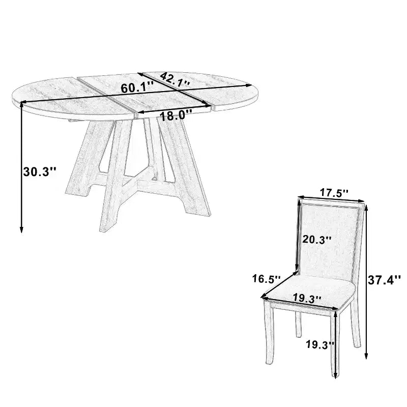 Farmhouse Extendable Round Dining Table Set for 4, Kitchen Table Set with Removable Leaf and 4 Upholstered Dining Chairs