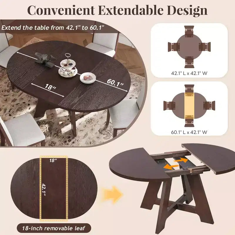 Farmhouse Extendable Round Dining Table Set for 4, Kitchen Table Set with Removable Leaf and 4 Upholstered Dining Chairs