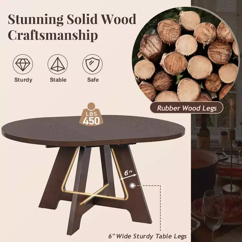 Farmhouse Extendable Round Dining Table Set for 4, Kitchen Table Set with Removable Leaf and 4 Upholstered Dining Chairs