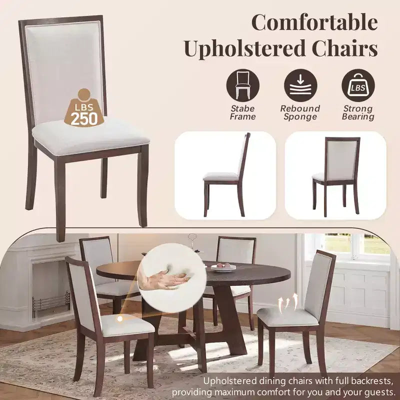 Farmhouse Extendable Round Dining Table Set for 4, Kitchen Table Set with Removable Leaf and 4 Upholstered Dining Chairs