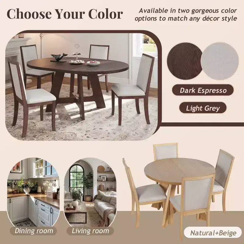 Farmhouse Extendable Round Dining Table Set for 4, Kitchen Table Set with Removable Leaf and 4 Upholstered Dining Chairs