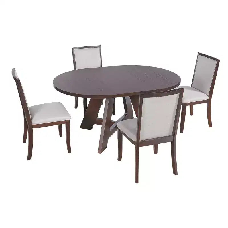 Farmhouse Extendable Round Dining Table Set for 4, Kitchen Table Set with Removable Leaf and 4 Upholstered Dining Chairs
