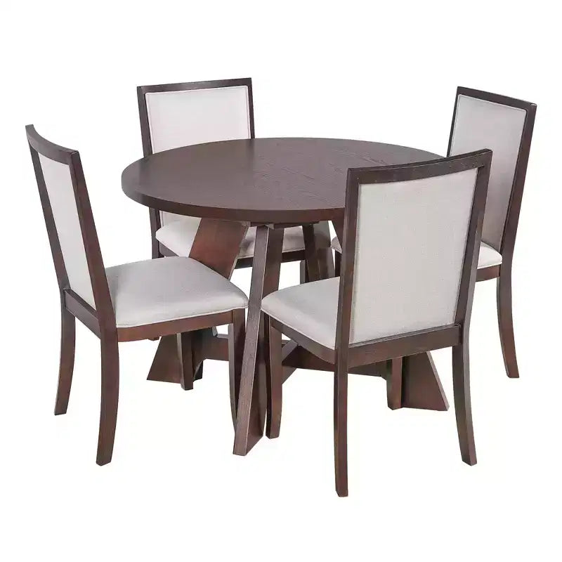 Farmhouse Extendable Round Dining Table Set for 4, Kitchen Table Set with Removable Leaf and 4 Upholstered Dining Chairs