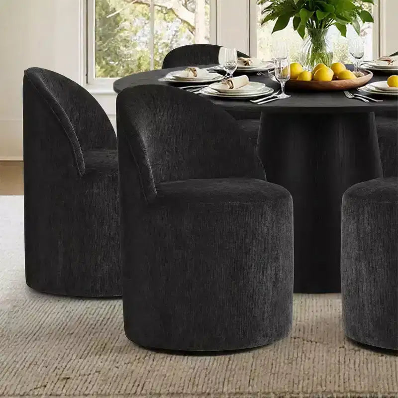 Modern Round Dining Table Set For 6, Black Pedestal Dining Table, Chenille Swivel Rolling Barrel Chairs With Wheels - Panipeachy