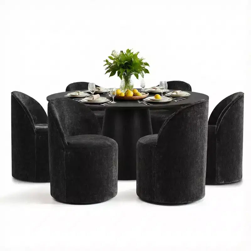 Modern Round Dining Table Set For 6, Black Pedestal Dining Table, Chenille Swivel Rolling Barrel Chairs With Wheels - Panipeachy