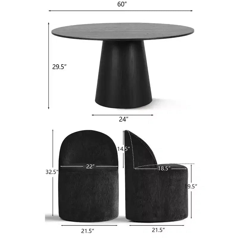 Modern Round Dining Table Set For 6, Black Pedestal Dining Table, Chenille Swivel Rolling Barrel Chairs With Wheels - Panipeachy