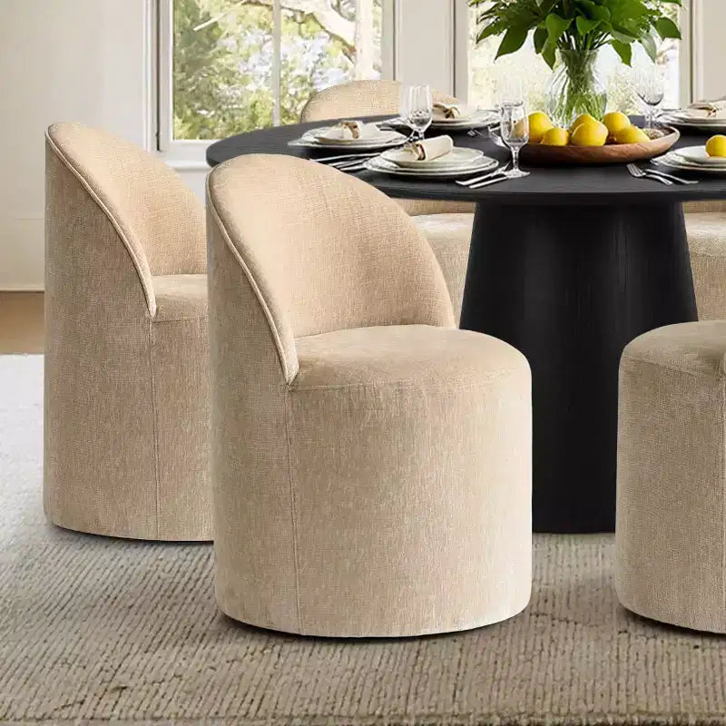 Modern Round Dining Table Set For 6, Black Pedestal Dining Table, Chenille Swivel Rolling Barrel Chairs With Wheels - Panipeachy