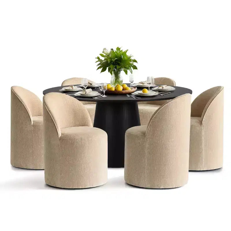 Modern Round Dining Table Set For 6, Black Pedestal Dining Table, Chenille Swivel Rolling Barrel Chairs With Wheels - Panipeachy