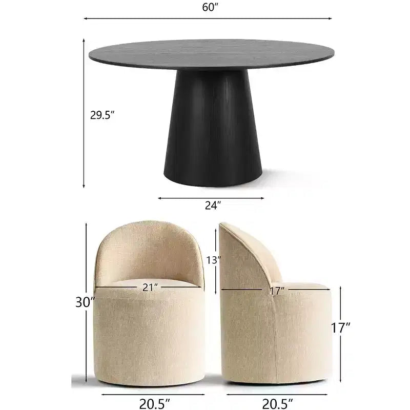 Modern Round Dining Table Set For 6, Black Pedestal Dining Table, Chenille Swivel Rolling Barrel Chairs With Wheels - Panipeachy