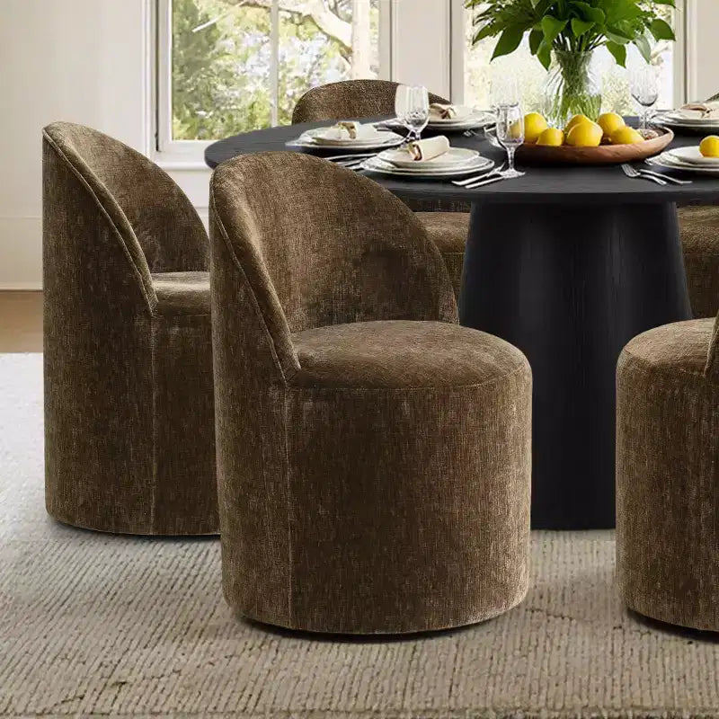 Modern Round Dining Table Set For 6, Black Pedestal Dining Table, Chenille Swivel Rolling Barrel Chairs With Wheels - Panipeachy
