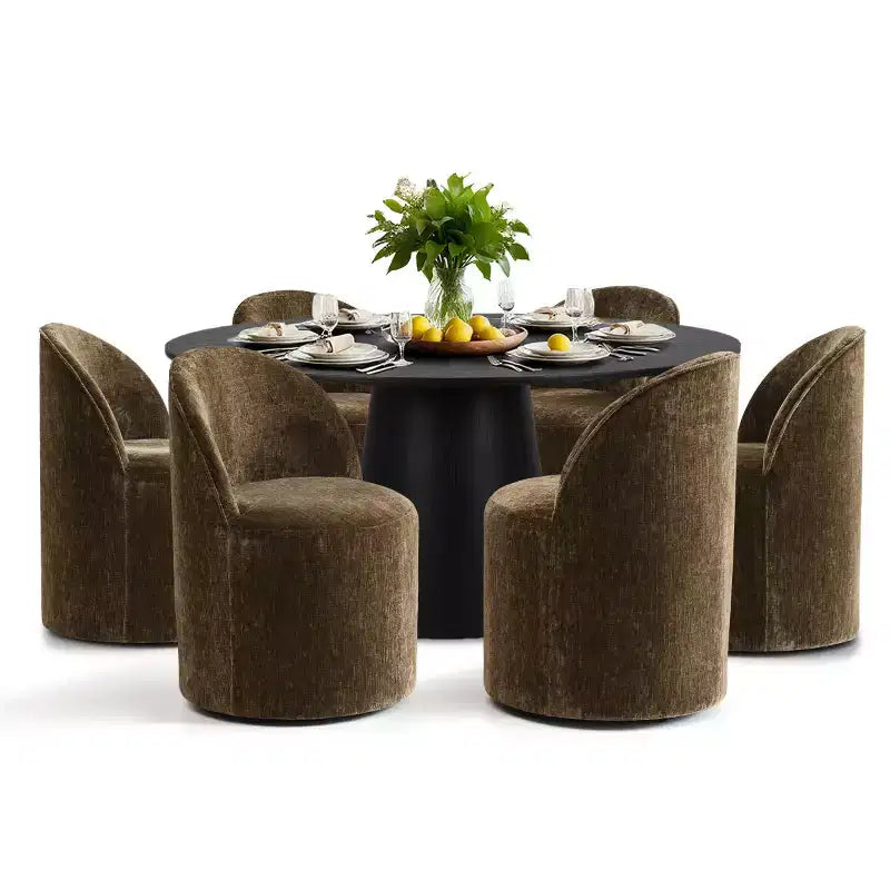 Modern Round Dining Table Set For 6, Black Pedestal Dining Table, Chenille Swivel Rolling Barrel Chairs With Wheels - Panipeachy
