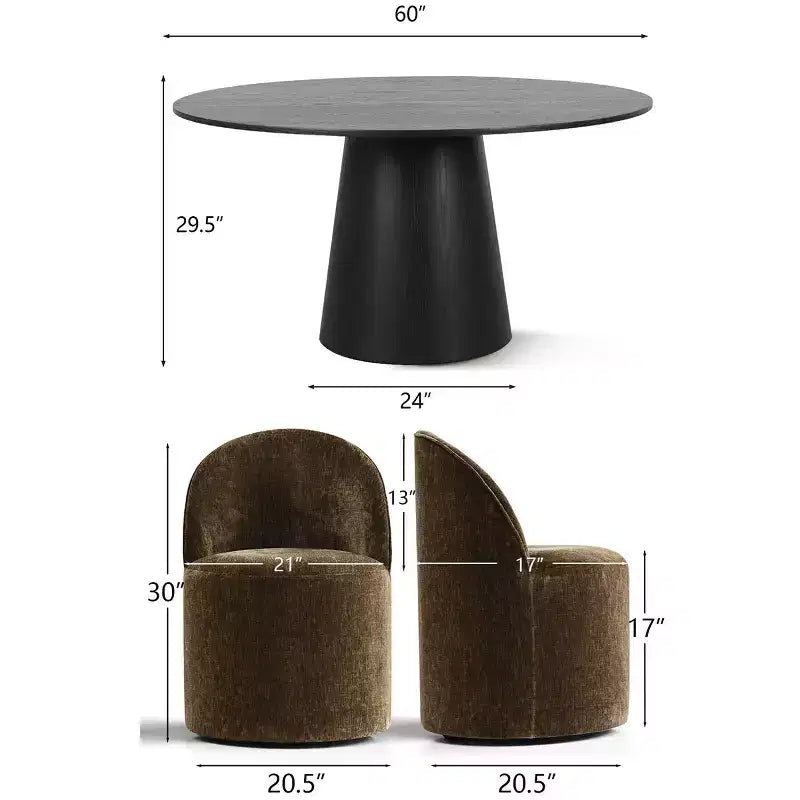 Modern Round Dining Table Set For 6, Black Pedestal Dining Table, Chenille Swivel Rolling Barrel Chairs With Wheels - Panipeachy