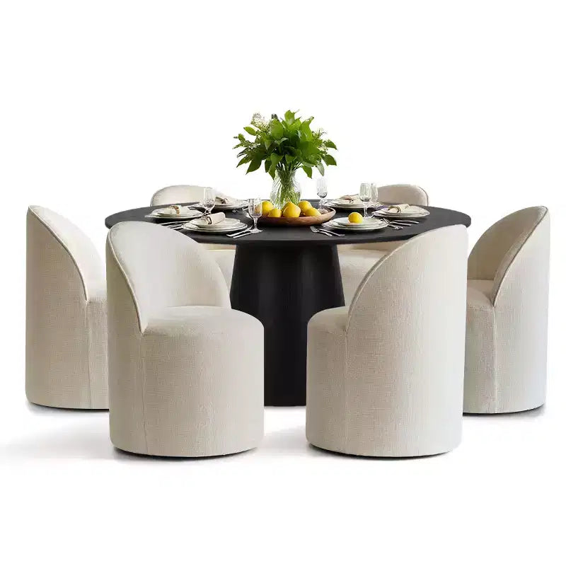 Modern Round Dining Table Set For 6, Black Pedestal Dining Table, Chenille Swivel Rolling Barrel Chairs With Wheels - Panipeachy