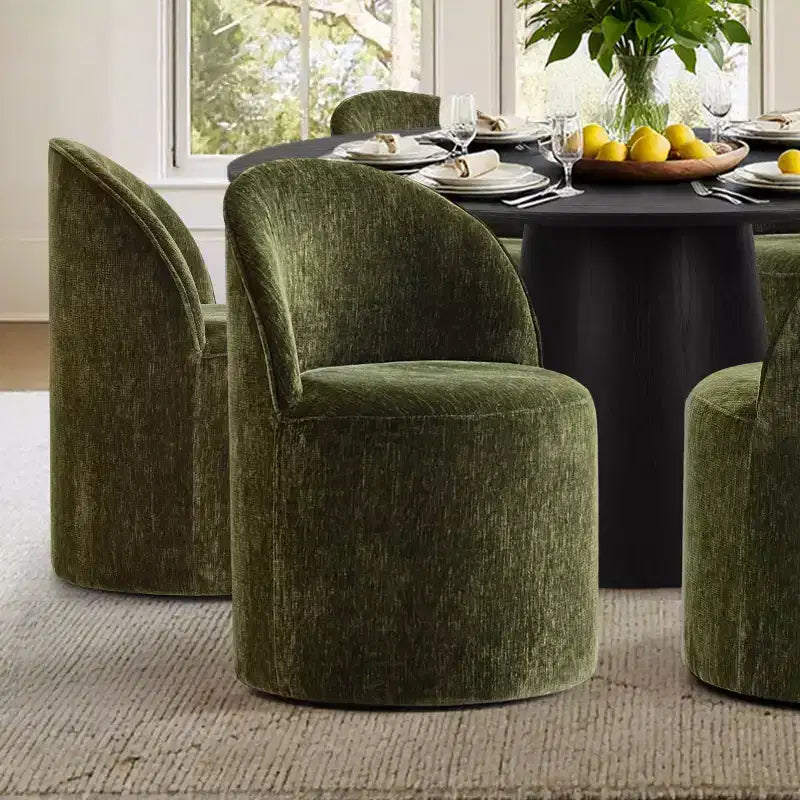 Modern Round Dining Table Set For 6, Black Pedestal Dining Table, Chenille Swivel Rolling Barrel Chairs With Wheels - Panipeachy