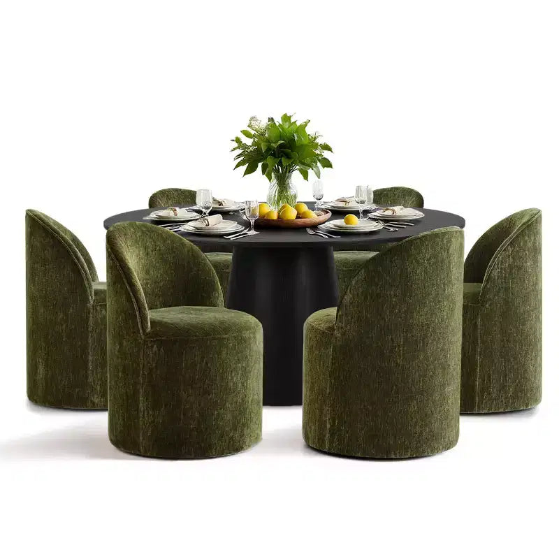 Modern Round Dining Table Set For 6, Black Pedestal Dining Table, Chenille Swivel Rolling Barrel Chairs With Wheels - Panipeachy