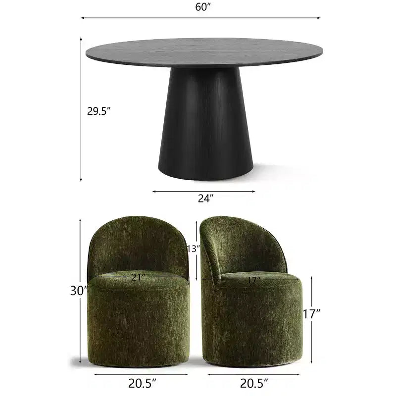 Modern Round Dining Table Set For 6, Black Pedestal Dining Table, Chenille Swivel Rolling Barrel Chairs With Wheels - Panipeachy