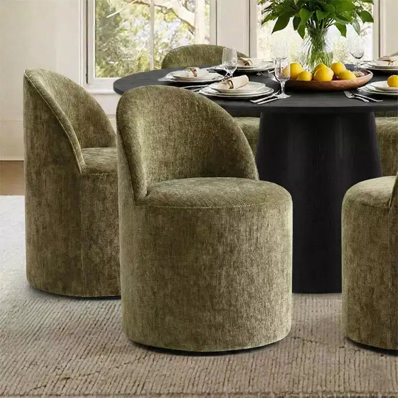 Modern Round Dining Table Set For 6, Black Pedestal Dining Table, Chenille Swivel Rolling Barrel Chairs With Wheels - Panipeachy