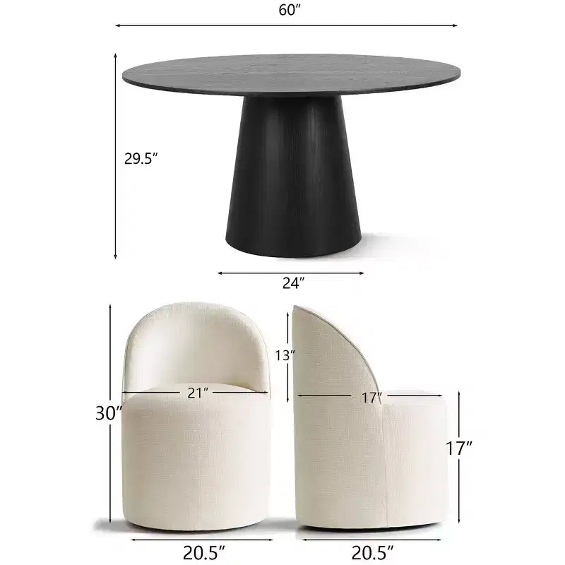 Modern Round Dining Table Set For 6, Black Pedestal Dining Table, Chenille Swivel Rolling Barrel Chairs With Wheels - Panipeachy