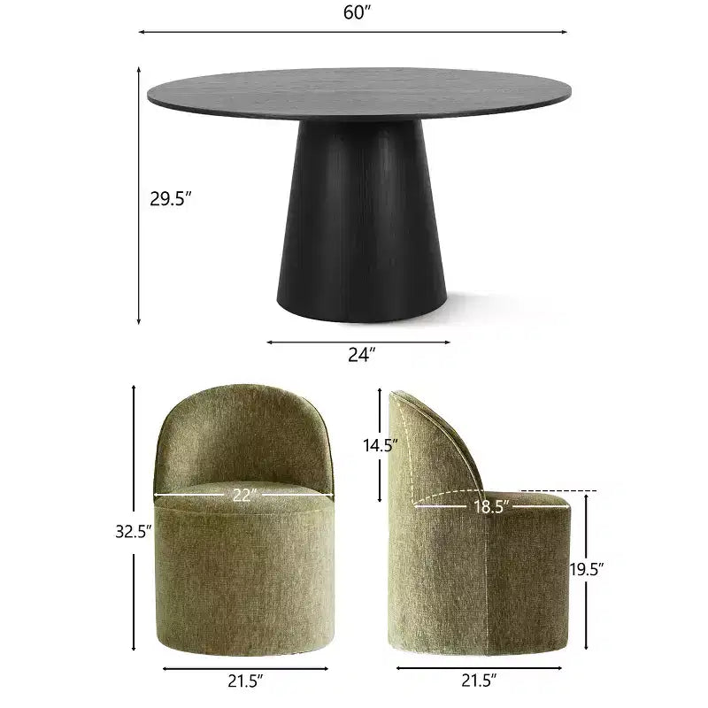Modern Round Dining Table Set For 6, Black Pedestal Dining Table, Chenille Swivel Rolling Barrel Chairs With Wheels - Panipeachy