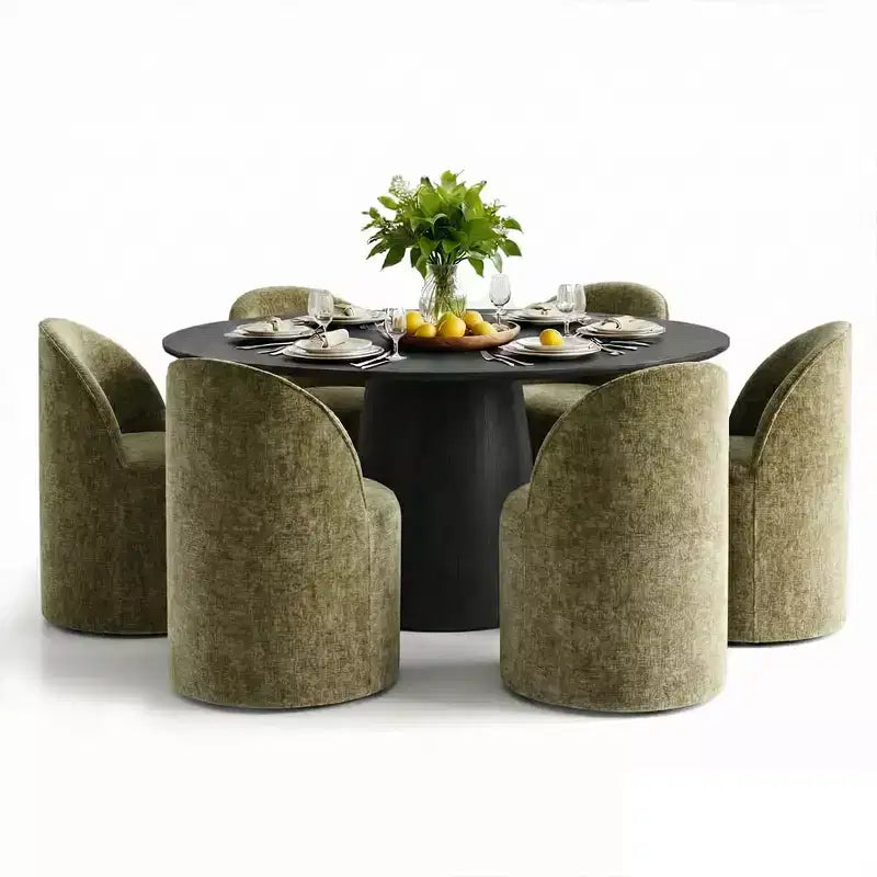 Modern Round Dining Table Set For 6, Black Pedestal Dining Table, Chenille Swivel Rolling Barrel Chairs With Wheels - Panipeachy