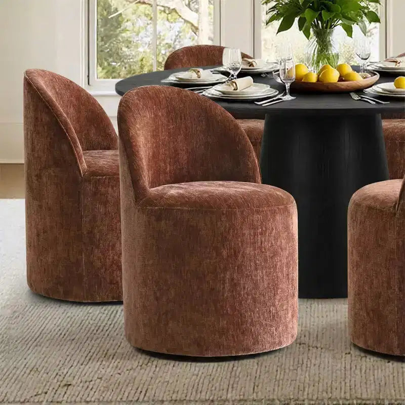 Modern Round Dining Table Set For 6, Black Pedestal Dining Table, Chenille Swivel Rolling Barrel Chairs With Wheels - Panipeachy