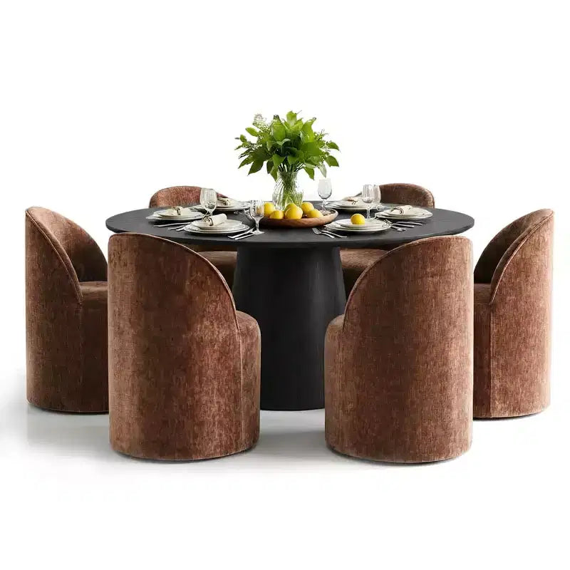 Modern Round Dining Table Set For 6, Black Pedestal Dining Table, Chenille Swivel Rolling Barrel Chairs With Wheels - Panipeachy