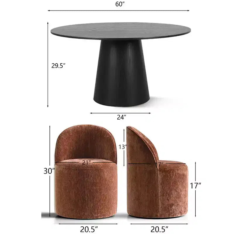 Modern Round Dining Table Set For 6, Black Pedestal Dining Table, Chenille Swivel Rolling Barrel Chairs With Wheels - Panipeachy