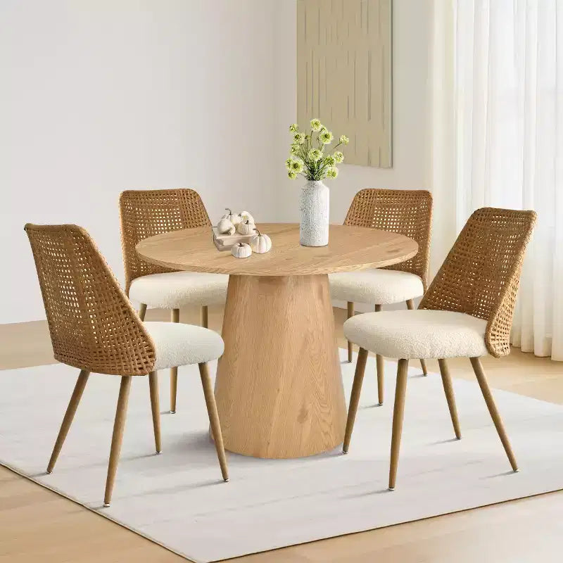 5-Piece Round Dining Set, 35 Pedestal Table and Upholstered Dining Chairs with Rattan Backs, Ideal for Dining Room-Panipeachy