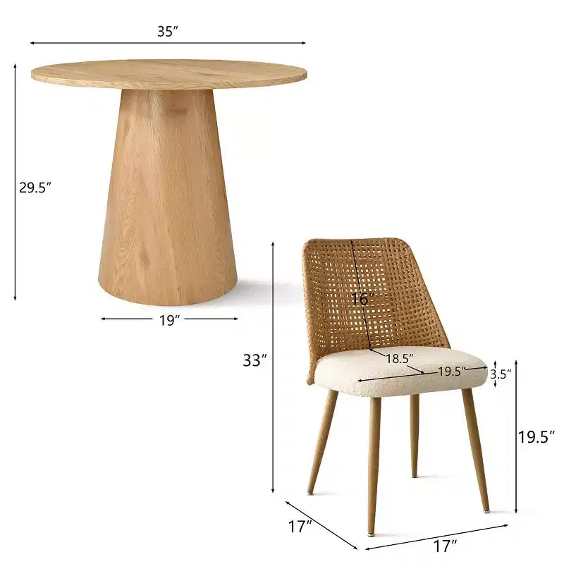 5-Piece Round Dining Set, 35 Pedestal Table and Upholstered Dining Chairs with Rattan Backs, Ideal for Dining Room-Panipeachy