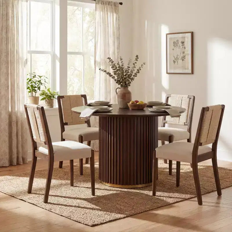 Christopher Knight Home Seema Modern 5 Piece Round Dining Table Set with Rubberwood Upholstered Chairs