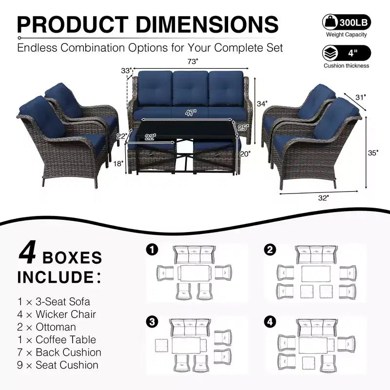 UPTIOT All-Weather Outdoor Sofa Set with Convertible Ottoman and Coffee Table