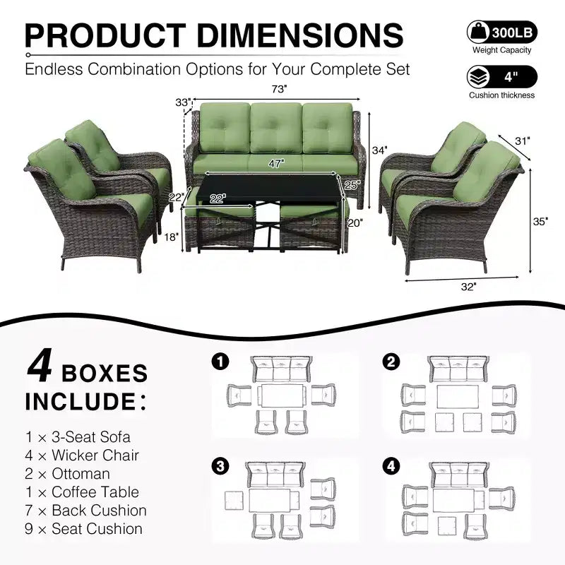 UPTIOT All-Weather Outdoor Sofa Set with Convertible Ottoman and Coffee Table