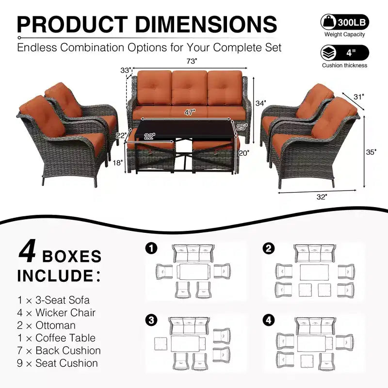 UPTIOT All-Weather Outdoor Sofa Set with Convertible Ottoman and Coffee Table