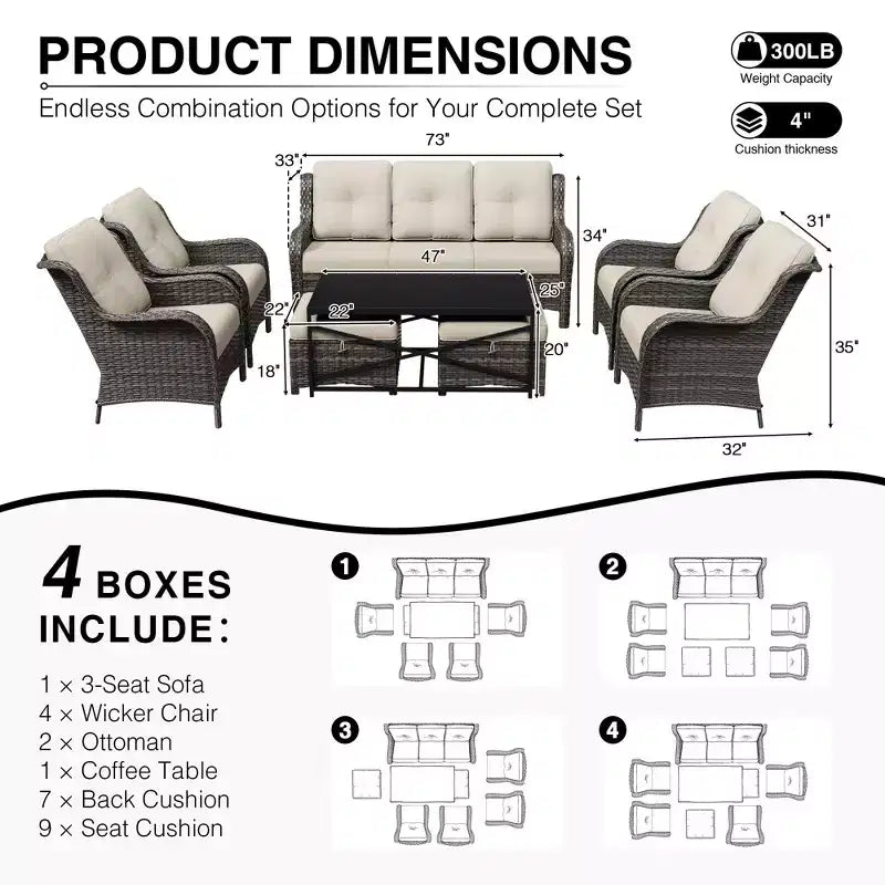 UPTIOT All-Weather Outdoor Sofa Set with Convertible Ottoman and Coffee Table