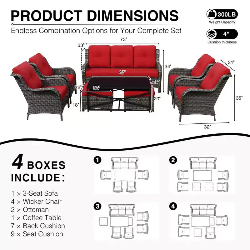UPTIOT All-Weather Outdoor Sofa Set with Convertible Ottoman and Coffee Table