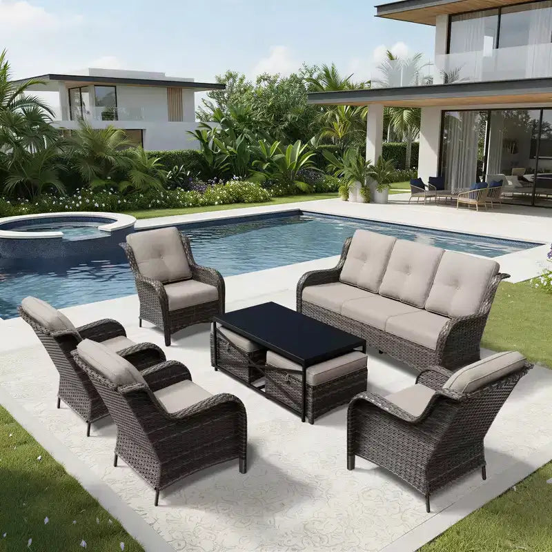 UPTIOT All-Weather Outdoor Sofa Set with Convertible Ottoman and Coffee Table