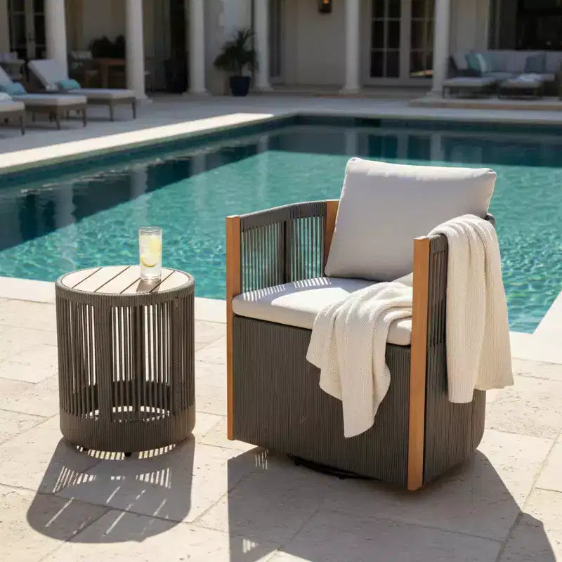 Christopher Knight Home Yamina Modern 2 Piece Outdoor Rope Swivel Chair and Acacia Wood Side Table Set