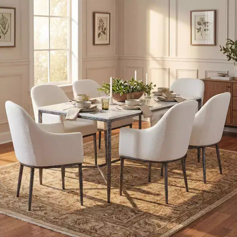Christopher Knight Home Yvanna 7 Piece Industrial Luxe Hand-Forged Sintered Stone Dining Table with Upholstered Dining Arm Chairs