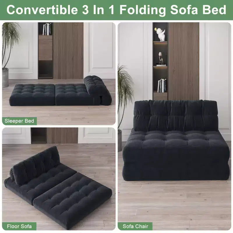 Folding Floor Sofa Bed, Corduroy Convertible Sleeper Couch with Pillow & Back Support, Portable Fold Out Futon Mattress for Living Room, Black