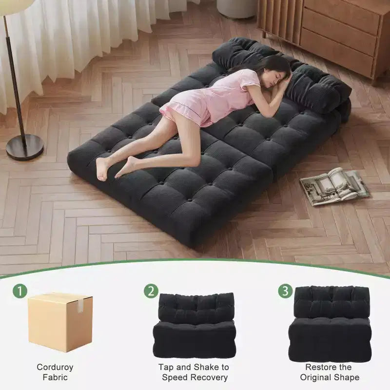 Folding Floor Sofa Bed, Corduroy Convertible Sleeper Couch with Pillow & Back Support, Portable Fold Out Futon Mattress for Living Room, Black